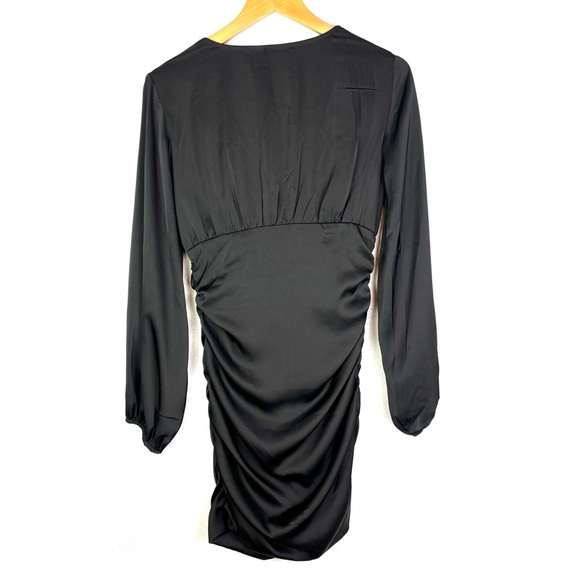 Hello Molly Ruched Deep-V Long Sleeve Black Satin Dress size 6 - Picture 3 of 6